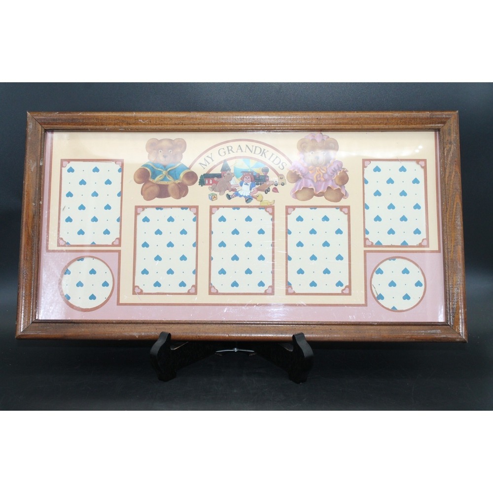 Vintage My Grandkids Photo Collage Frame Teddy Bears Holds 7 Photos 17x9 1980s - Picture 1 of 8